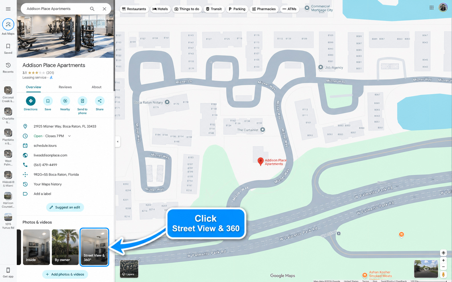 Addison Place Apartments Google Business Profile with 360 virtual tour highlighted